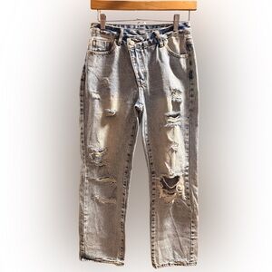 Distressed Asymmetrical Button Jeans